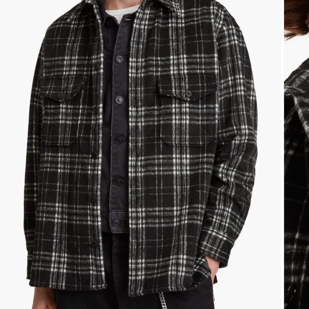 All Saints Coeburn Oversized Plaid Shirt Jacket in Black and White
